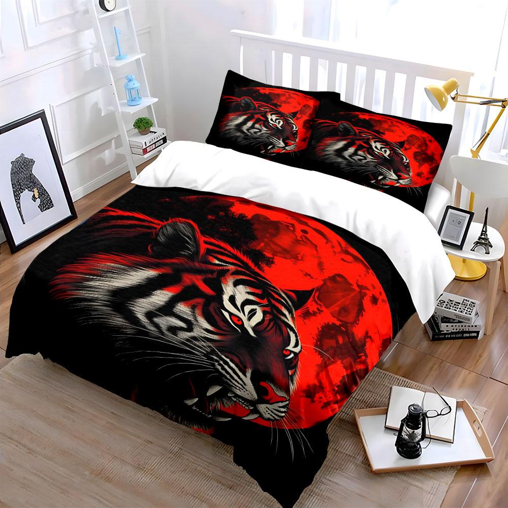 Fierce Tiger Red Moon Decor Soft Comfortable Duvet Cover Bedding Set Included 1*Duvet Cover & 2*Pillowcases, Gift