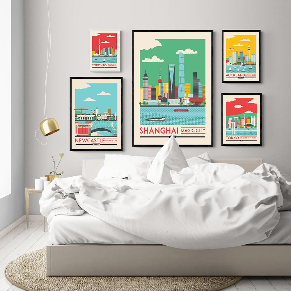 Shanghai Tokyo Seoul Newcastle Cityscape Poster and Print Nordic City View Canvas Painting Color Picture Living Room Home Decor