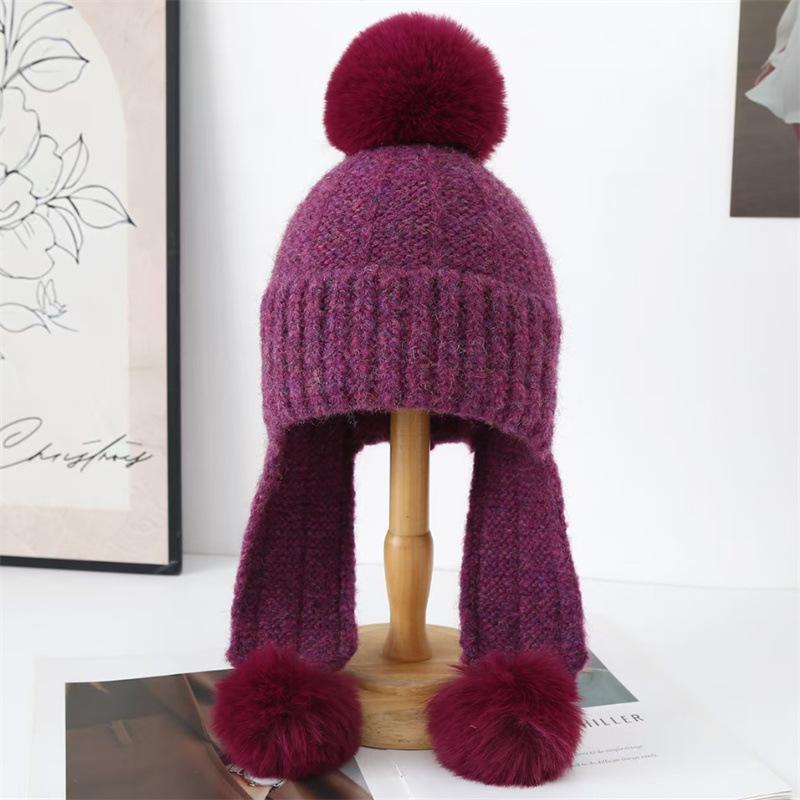 Autumn and Winter Female Cute Hairball Ear Protection Knitted Hat New Cold and Warm Face Small Wool Pullover Hat