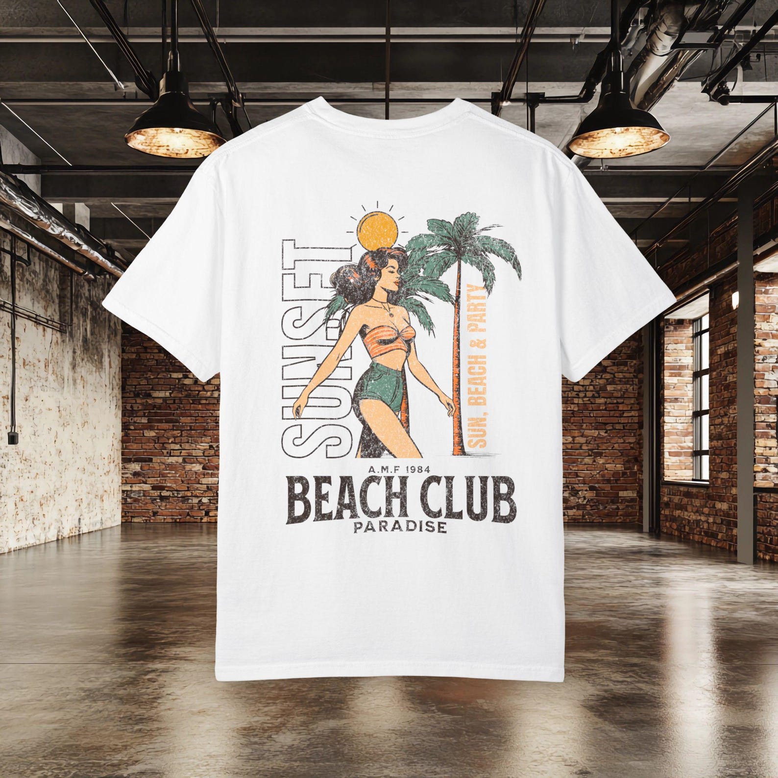 Sunset Beach Club Shirt | Retro Beach Vacation T shirt | Tropical Summer Graphic Tee | Paradise Beach Shirt | Vintage Surf Beach Club Tee XL