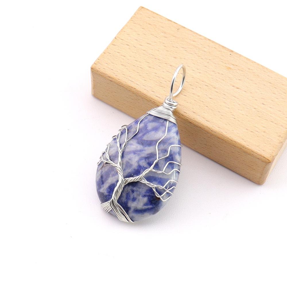 Natural Stone Crystal Agate Water Drop Winding Silk Tree Of Life Pendant Necklace Sweater Chain Water Drop Rough Stone N779