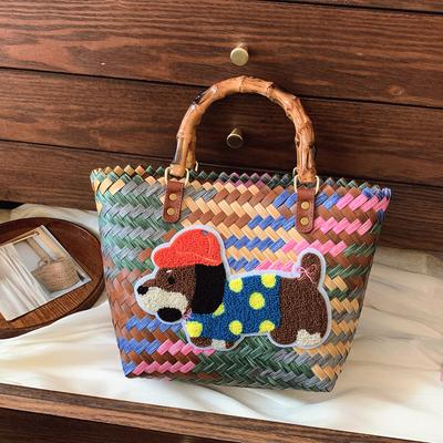 Vintage Striped Sausage Dog Woven Bag Tote Bag Nylon Rope Pendant Tote Bag Hand Carry Women's Bag Beach Bag