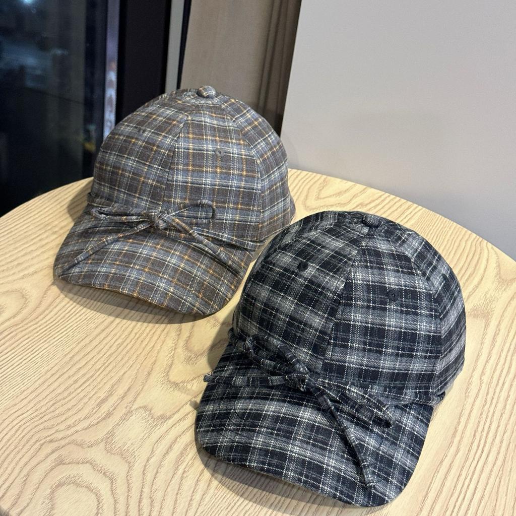 New Autumn and Winter All Match Striped Plaid Soft Top Woolen Baseball Hat for Women Cute Bow Tie Rope Peaked Hat Trendy