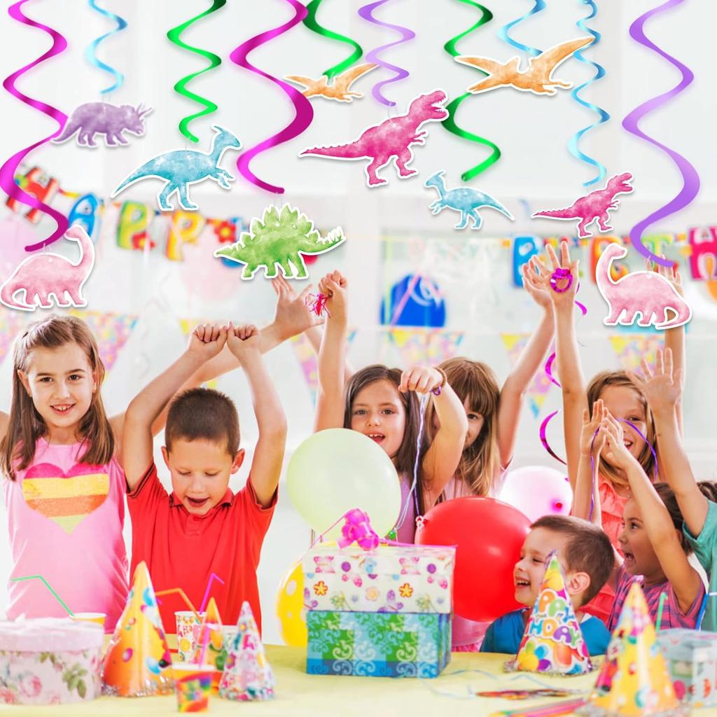WERNNSAI Watercolor Dinosaur Party Hanging Swirl - 24Pcs Dinosaur Party Decorations for Girls Kids Birthday Baby Shower Foil Whirls Ceiling Streamers