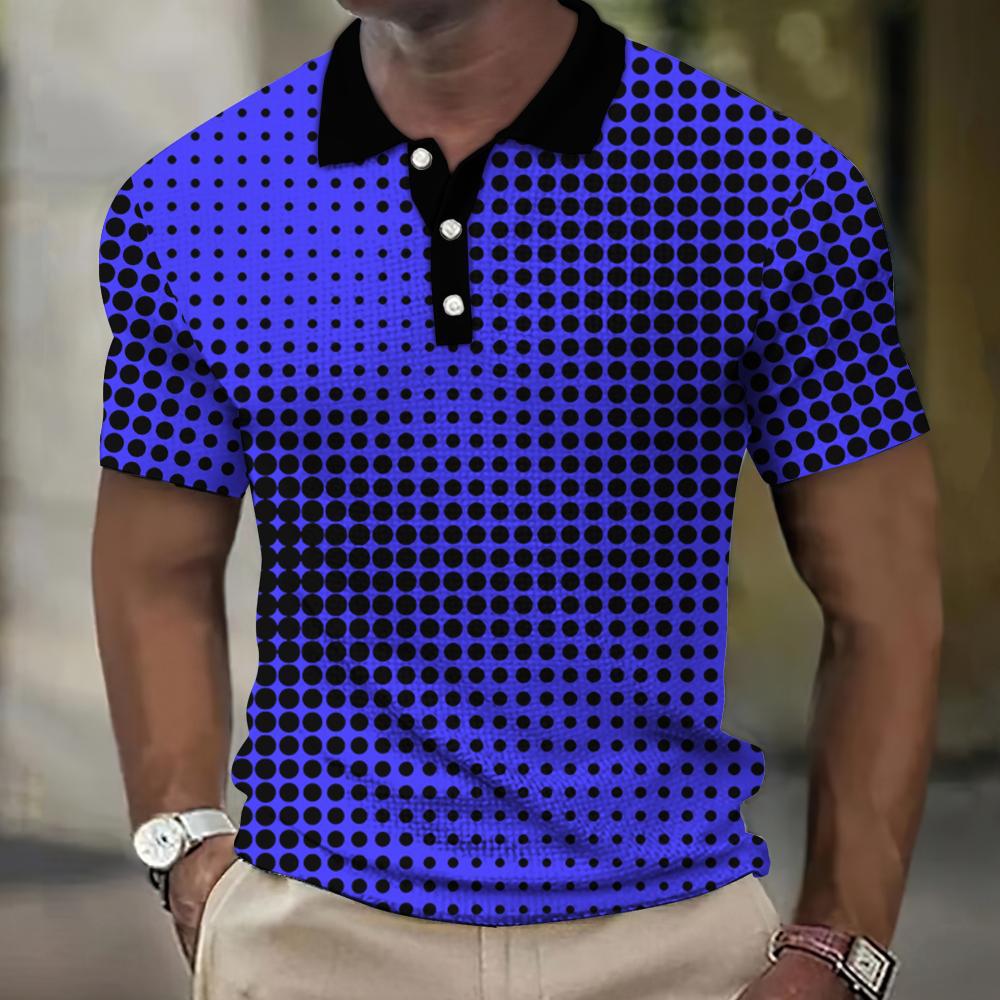 Men's 3D Plaid Print Casual Loose Short Sleeve Polo Shirt