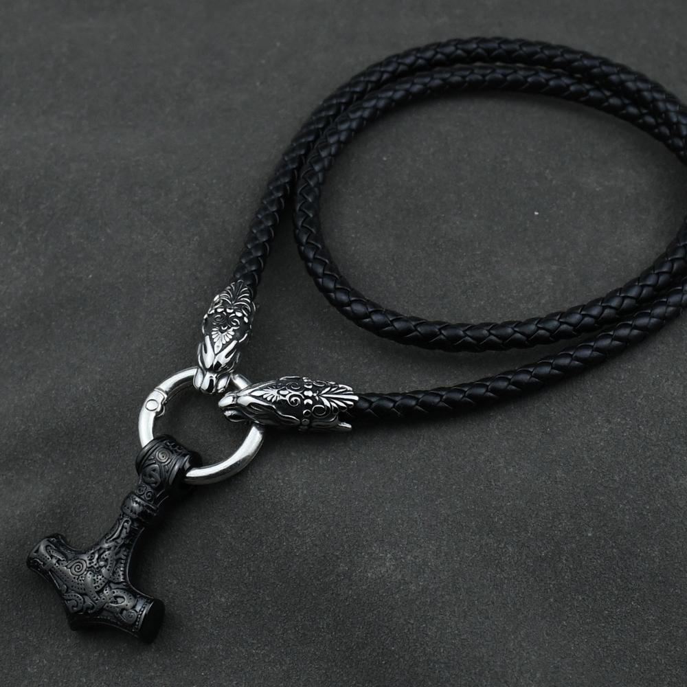 Men stainless steel Wolf head Norse Viking amulet Thor hammer pendant necklace with leather chain
