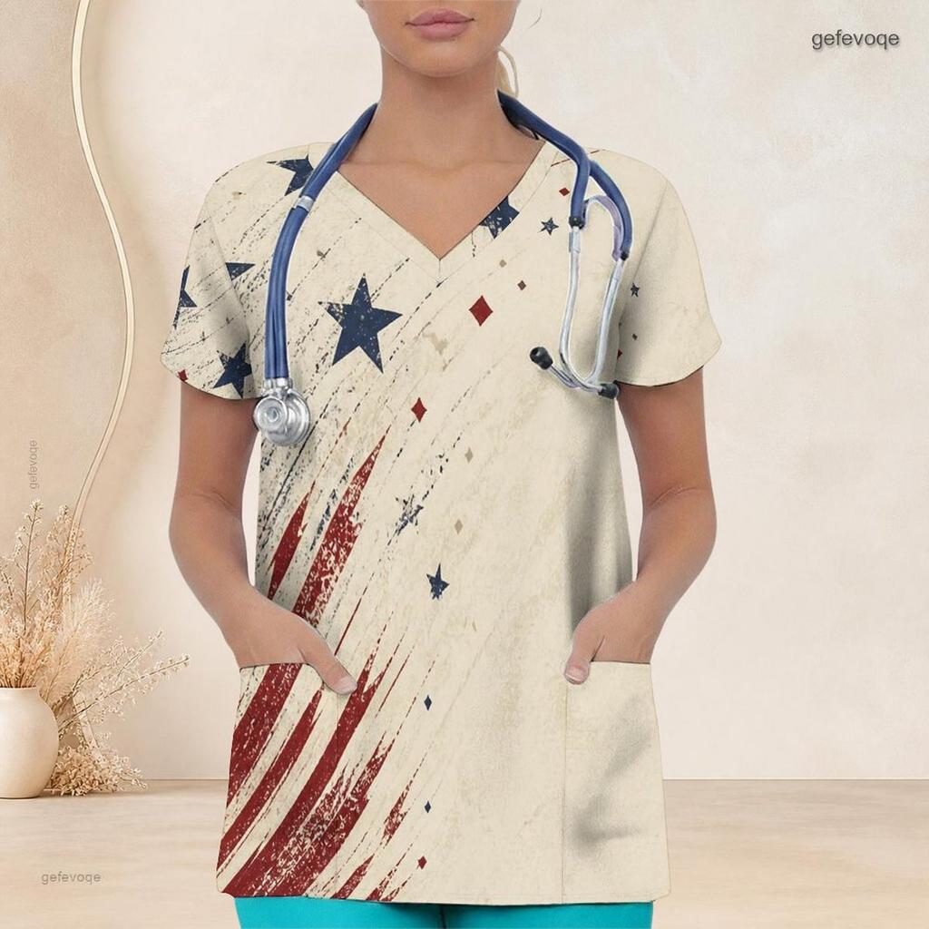 Women Plus Size Beige Printed Nurse Scrub Top V Neck Short Sleeve With Front Pockets