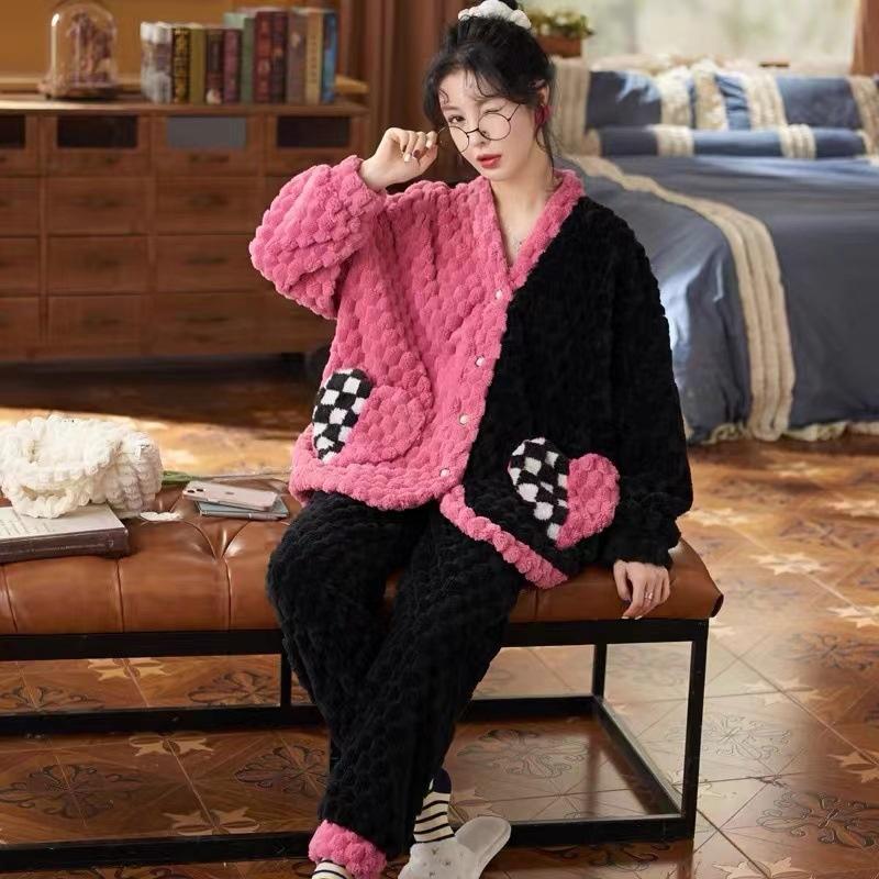 Pajamas for Women Autumn and Winter Coral Velvet Thickened Plus Velvet Cute New Flannel Suit Home Clothes