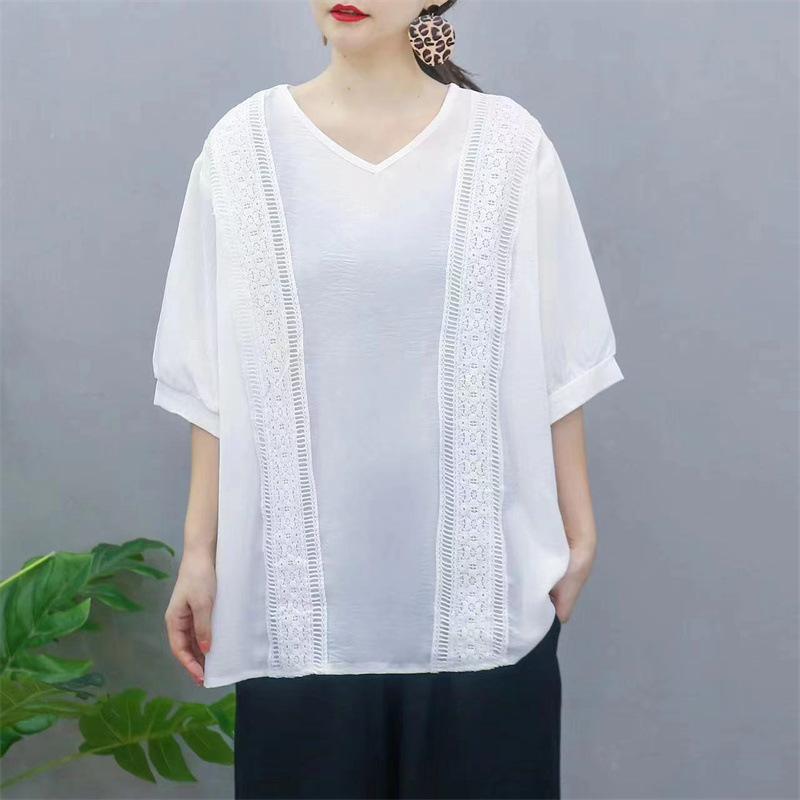 

Летняя футболка с V-образным вырезом из хлопка и пеньки Tencel Loose Large с кружевом и художественным ретро-стилем one size белый