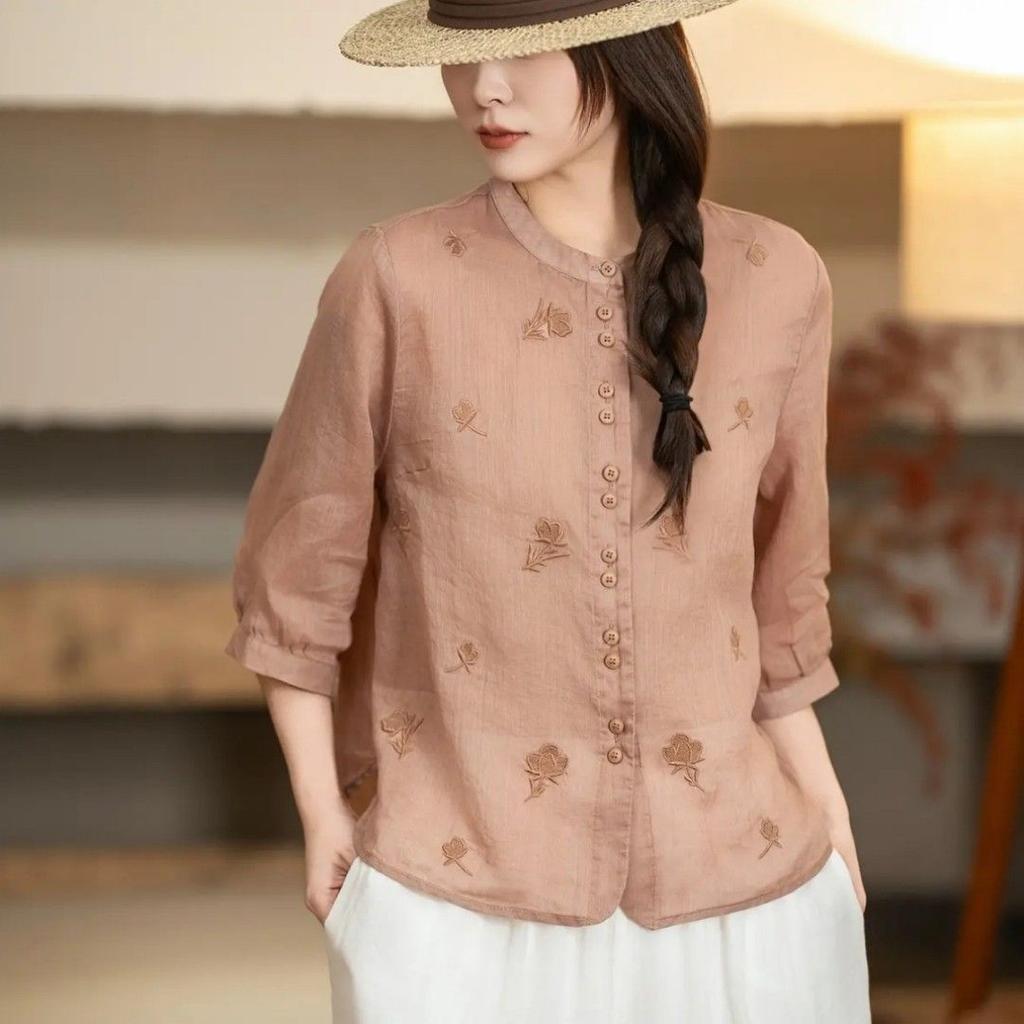 Retro Stand-up Collar Embroidered Shirt Women's Summer New Foreign Loose Fashion Five-quarter Sleeve Shirt