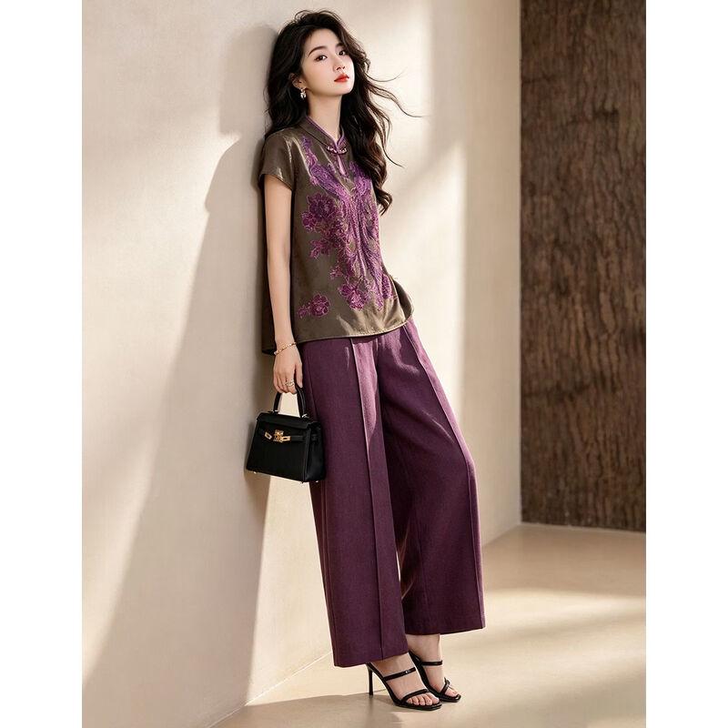 D.F.DEAR Classical Print Stand Collar Shirt & Wide-leg Pants Set