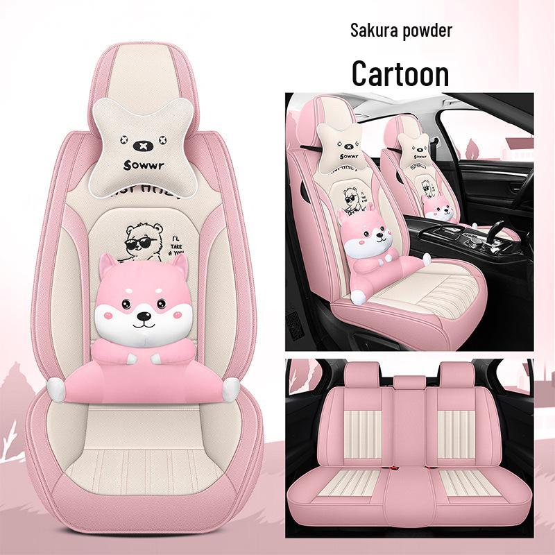 All-Season Linen Car Seat Cover - Breathable, Full Coverage with Cute Cartoon Design for Autumn/Winter