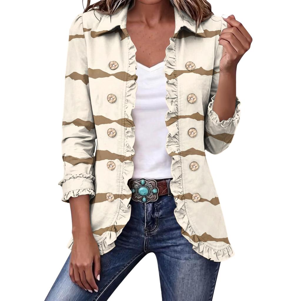 Women's Cropped Ruffle Hem Jacket with Lapel Collar and Double-Breasted Button Front