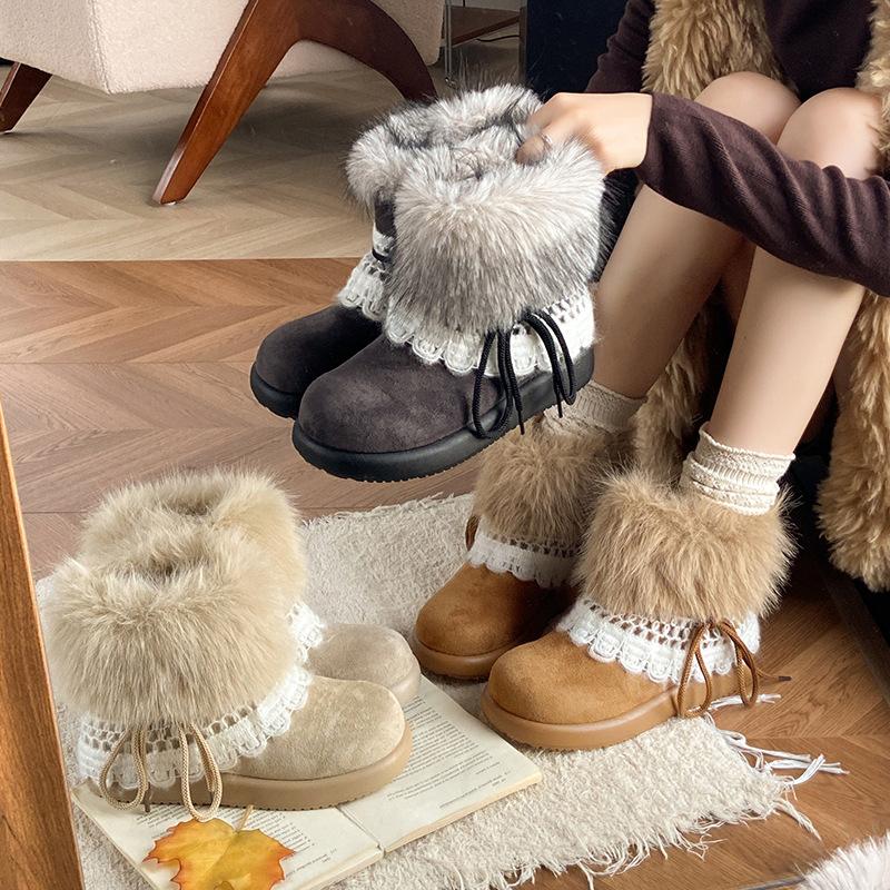 Women's furry mouth lightweight thick sole winter warm one-step snow boots lined with fleece non-slip wear casual sports cotton boots