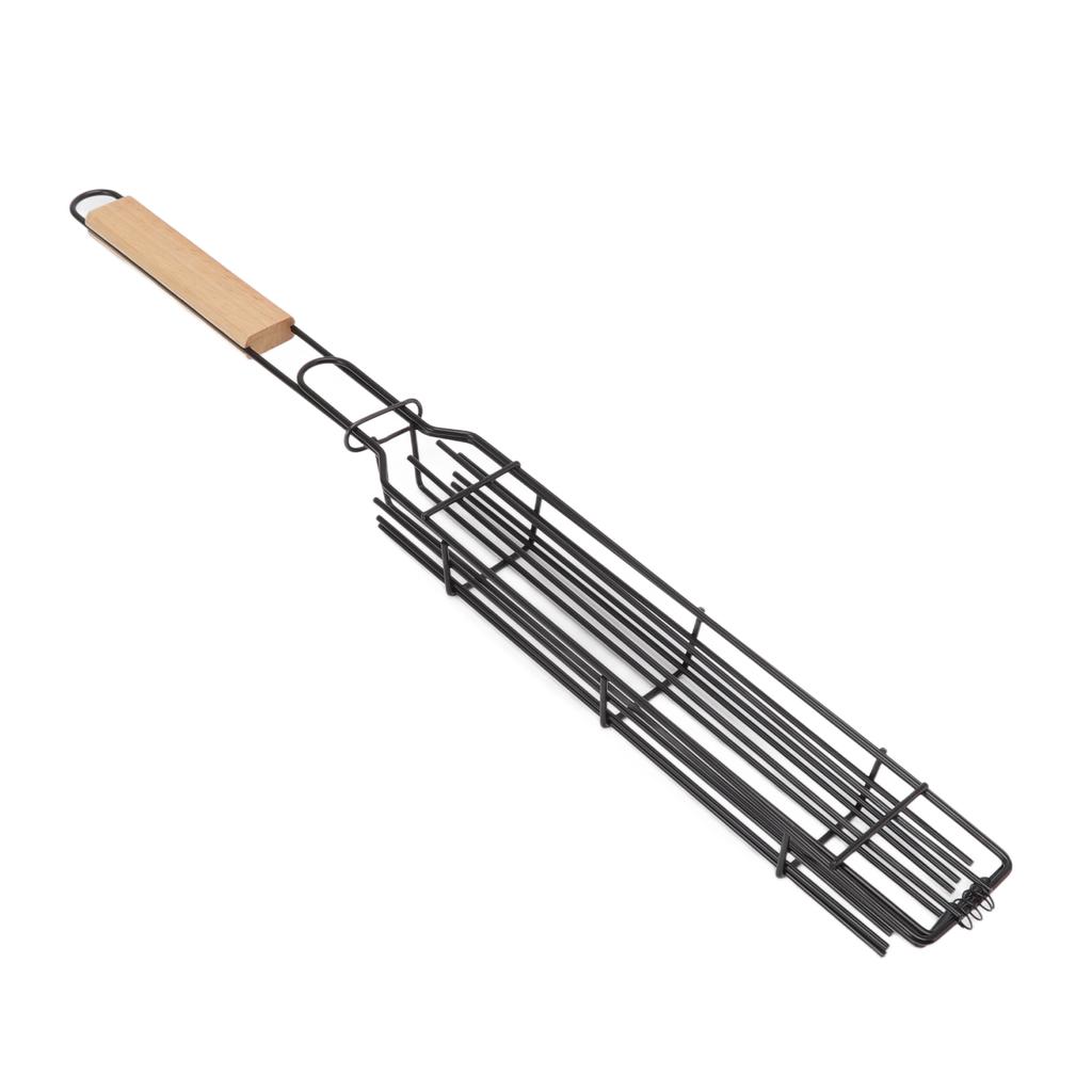 Kabob Grilling Baskets Lockable Iron Kebab Grill Grate with Wooden Handle for Grilling Vegetables Hot Dog Meat