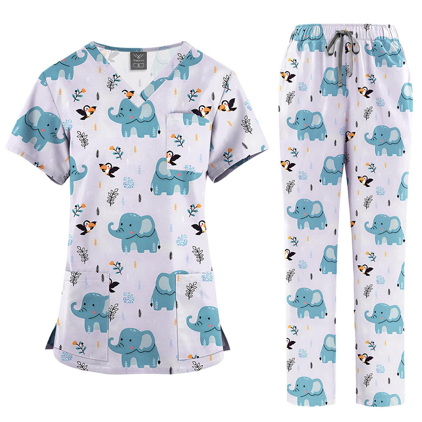 

Medical Scrub Set for Women Lightweight Breathable Short Sleeve Top and Elastic Waist Pants with Cartoon Animal Print for Healthcare Professionals XL