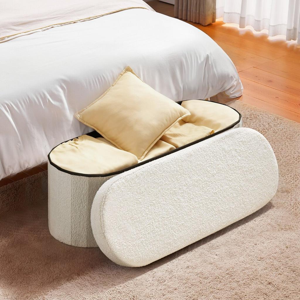 Oval Storage Ottoman Bench, Foldable Teddy Fleece End of Bed Bench, Folding Upholstered Bed Ottoman Chest with Large Storage Space, Supports 660 lbs,