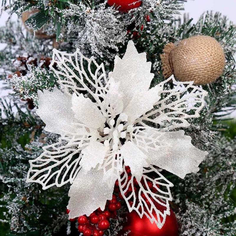 11cm Christmas Glitter Poinsettia Flower Decorative Xmas Tree Flowers for Wreath Ornaments Wedding Party Spring Festival New