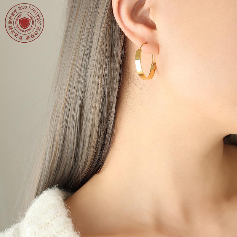 Trendy Minimalist Gold-Plated Titanium Hoop Earrings - Autumn/Winter Style F328