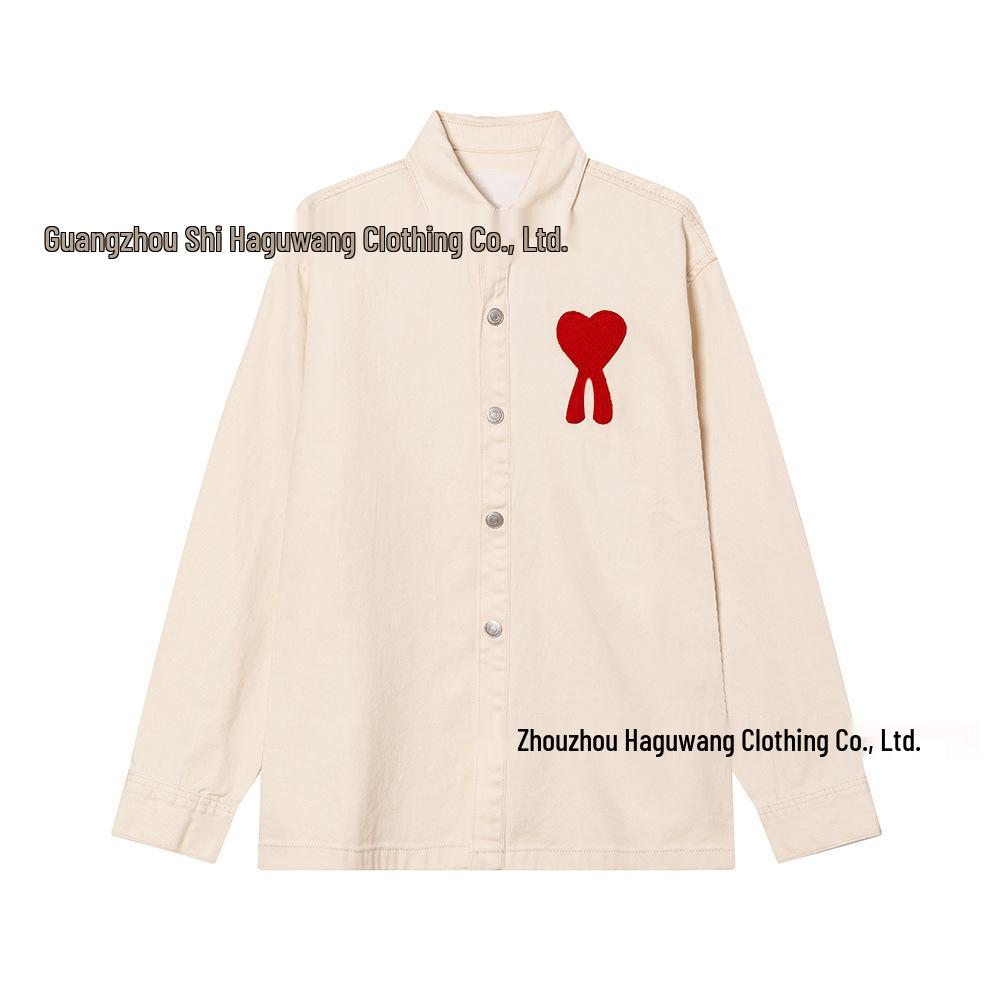 AMI CLAMS 25 Wiosna/Jesień Dżinsowa Kurtka z Haftowanym Sercem - Unisex Luźny Krój Codzienna