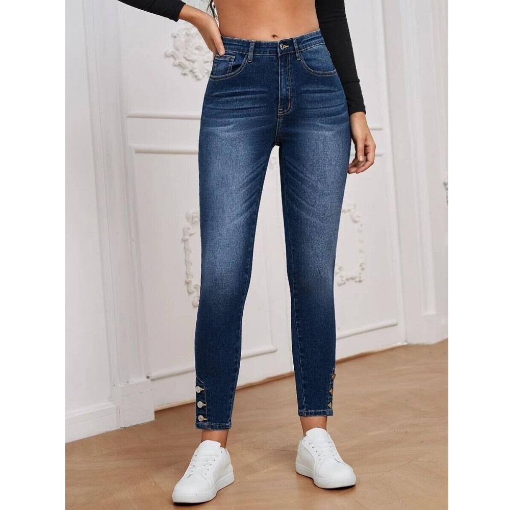 Women Stretch Denim Jeans Solid Color Skinny Pencil Pants Ladies Pockets Zipper Button Jean Trousers
