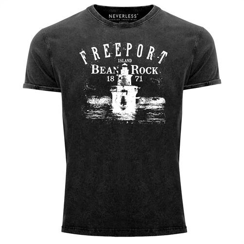 Men s Vintage Shirt Retro Print Lighthouse Lettering Freeport Island Neverless S