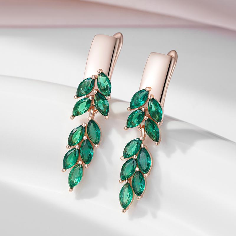 Green Leaf Zircon Dangle Earrings For Women Rose Gold Color Luxury Jewelry Gift Bride Wedding Earrings