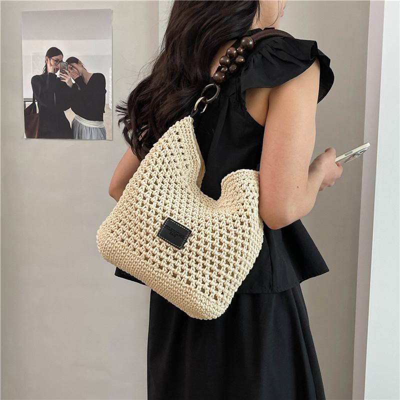 Urban Minimalist Woven Tote Bag With Bead Decoration For Daily Outings