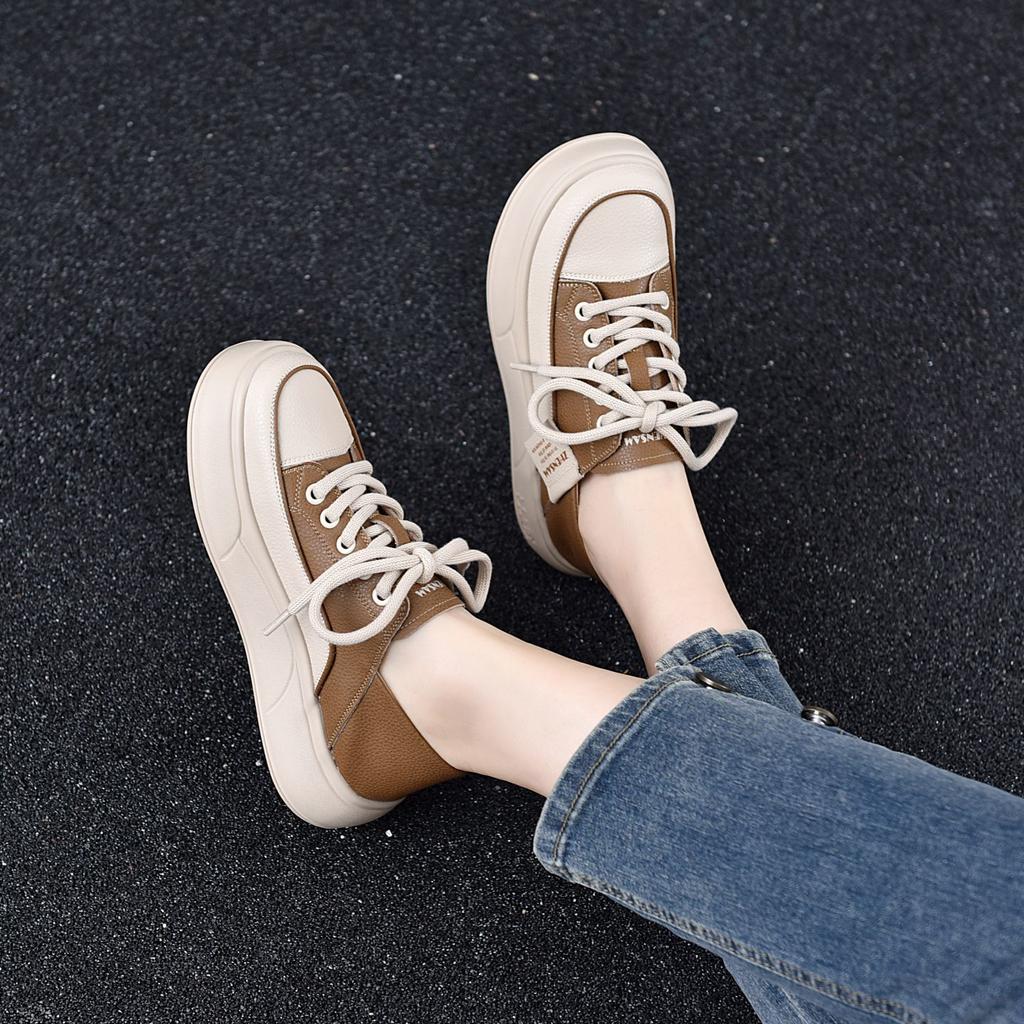2026 new leather soft sole soft surface single shoes front lace-up thick sole muffin shoes casual versatile women's shoes
