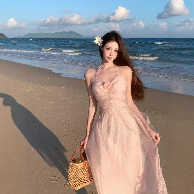 Pink Sexy Suspender Neck Halter Princess Fairy Vacation Dress Summer Seaside Photo Fairy Long Skirt