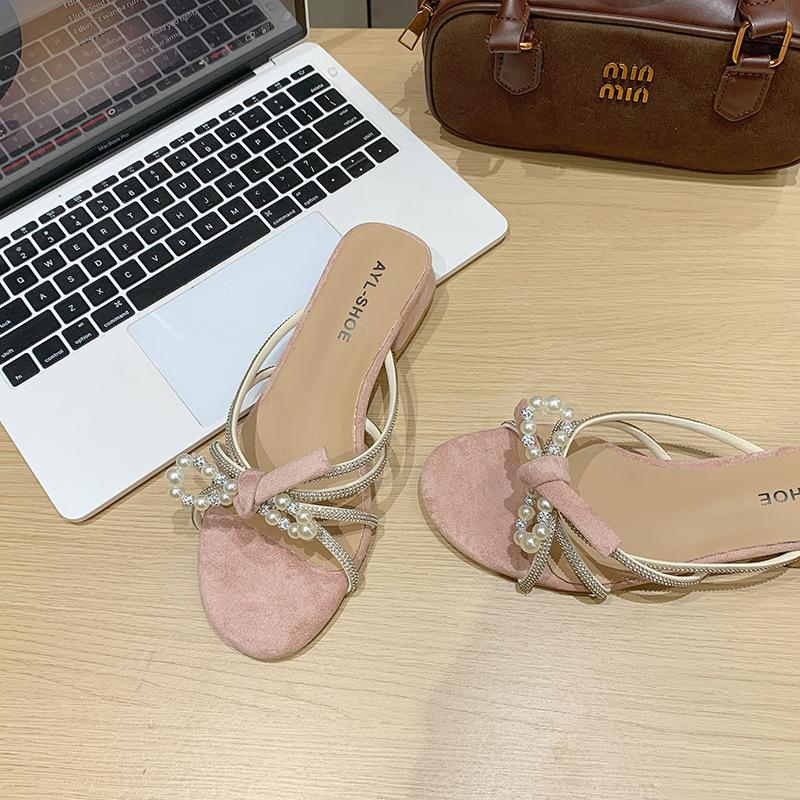 Round head beautiful rhinestone thick heel sandals women's slippers women's summer wear bow pearl small toe