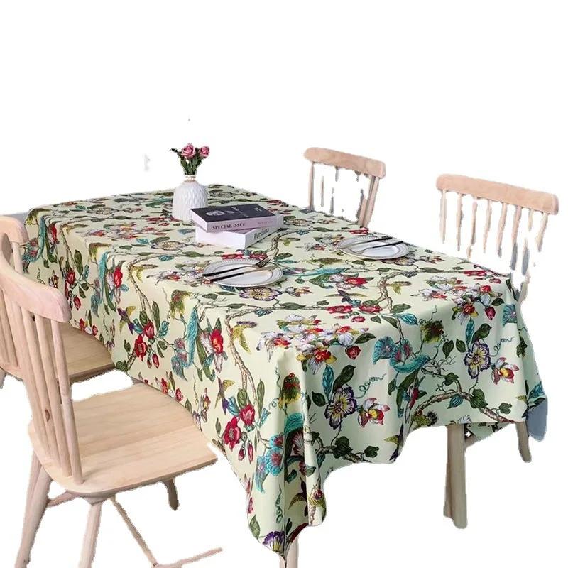 Cotton Linen Floral and Bird Printed Tablecloth  Chinese Luxury Tea Table Mats Rural Style Rectangular Dustproof Tabletop Cover