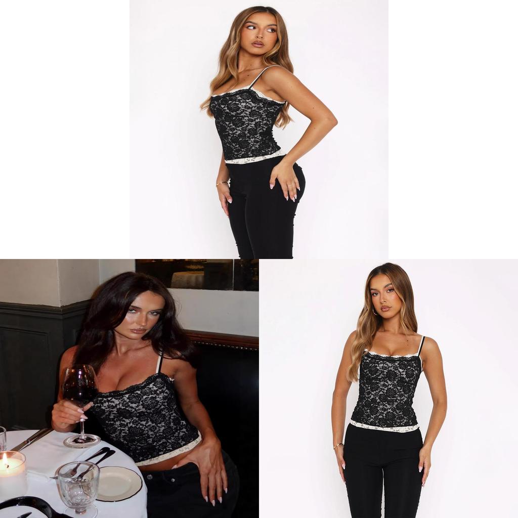 Lace Panel Black Sleeveless Top With Nylon Blend For Adult Night Out Fashion