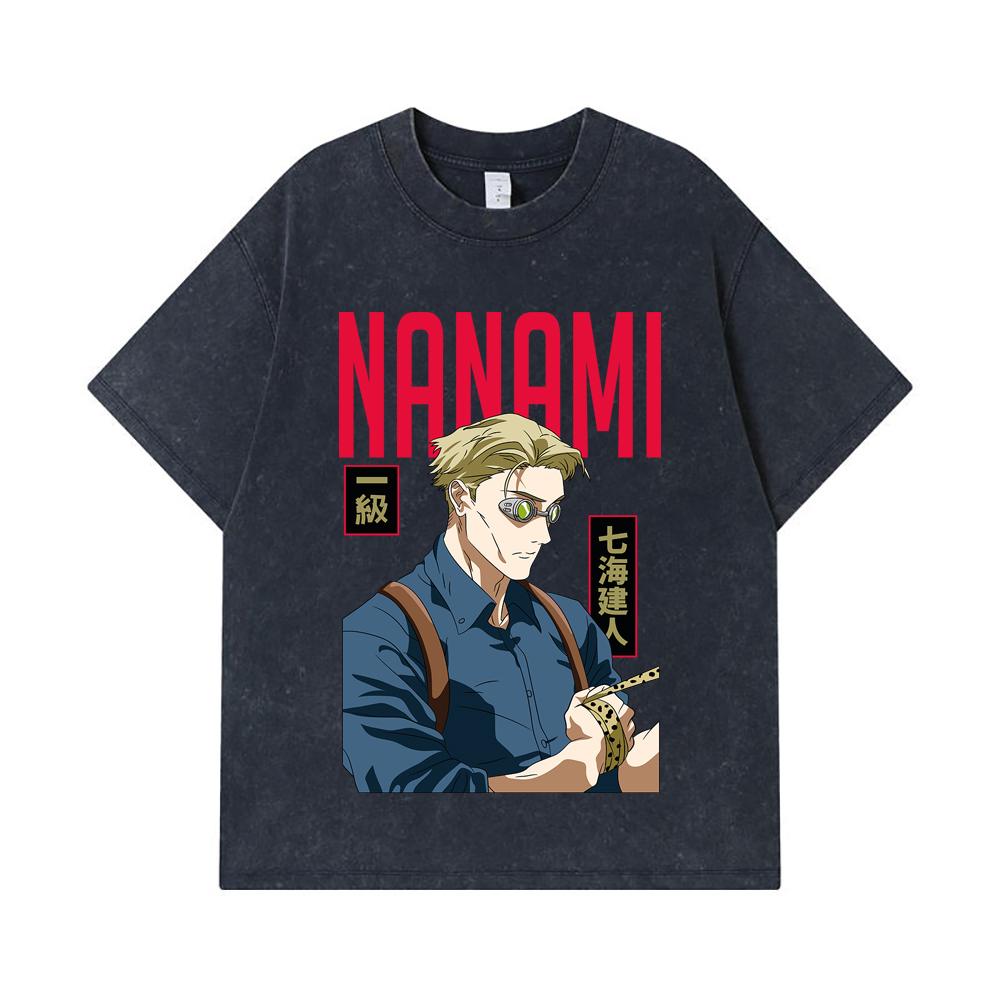 275 GSM Washed T-shirts 100% Cotton Jujutsu Kaisen V60 Nanami Print Unisex Heavy Cotton T Shirt