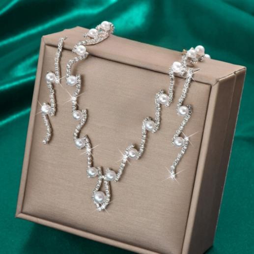 Set Earrings Necklace Wedding Silver Rhinestones Pearls Feminine Elegant B22