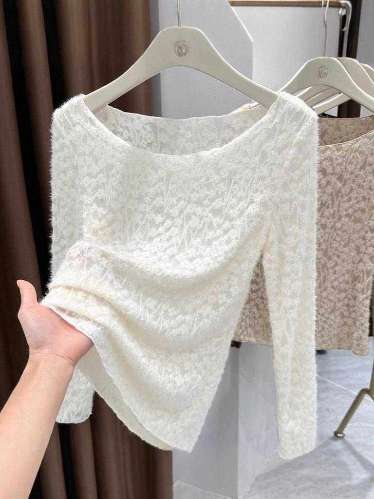 Women's Sexy Lace Hollow-Out Long-Sleeve Slim-Fit Top for Autumn/Winter