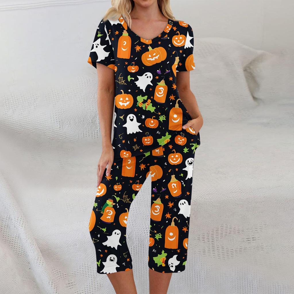 Dvoudílné soupravy pro ženy Krátký rukáv Top a Kalhoty s kapsami Cvičení Měkké Halloweenský potisk Soupravy