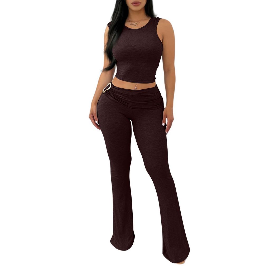 Women's 2-Piece Set: Fashionable Casual Sleeveless Top With Fitted Hip Hugging Pants