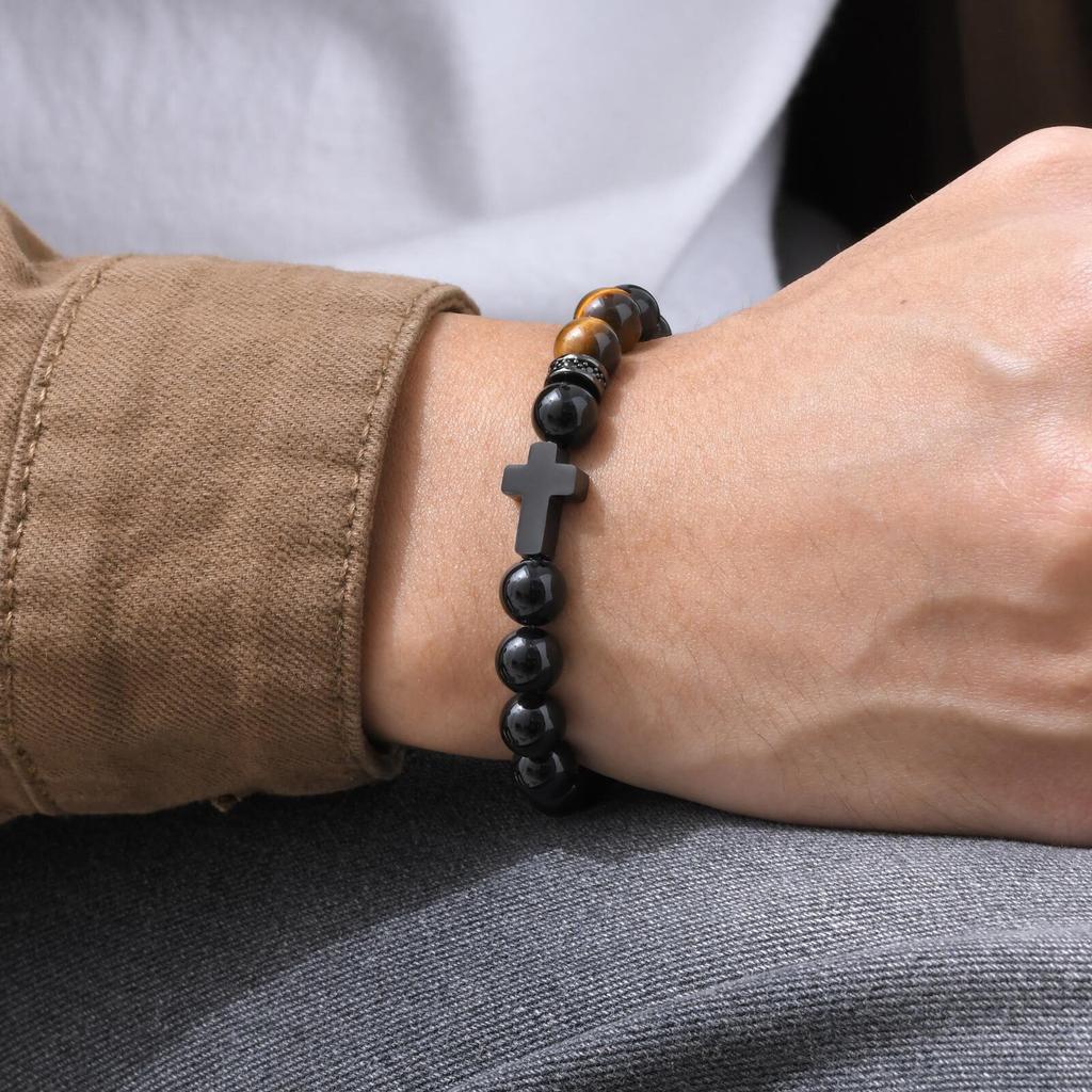 Religion Cross Men Women 8mm Natural Stone Tiger Eye & Black Matte Agates Bead Bracelet Elastic Bracelet Bangle Jewelry
