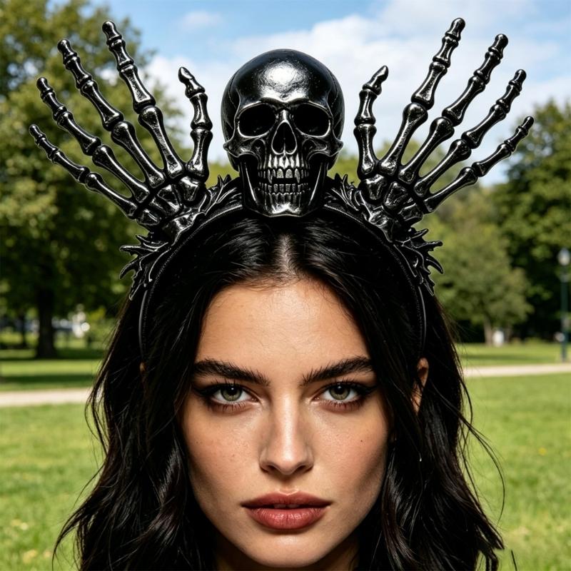 Halloween Skull Headband Complete Costume Hair Accessory with Black Skeletal Hand Design for Cosplay Parties and Photo Booth Styling