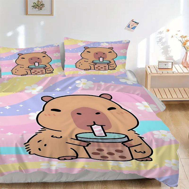 

3PCs Bubble Tea, Cute Capybara Design Cover Set, Breathable Fabric, Machine Washable (1 Duvet Cover + 2 Pillowcases) (Without Quilt) yy250911144 135x200cm