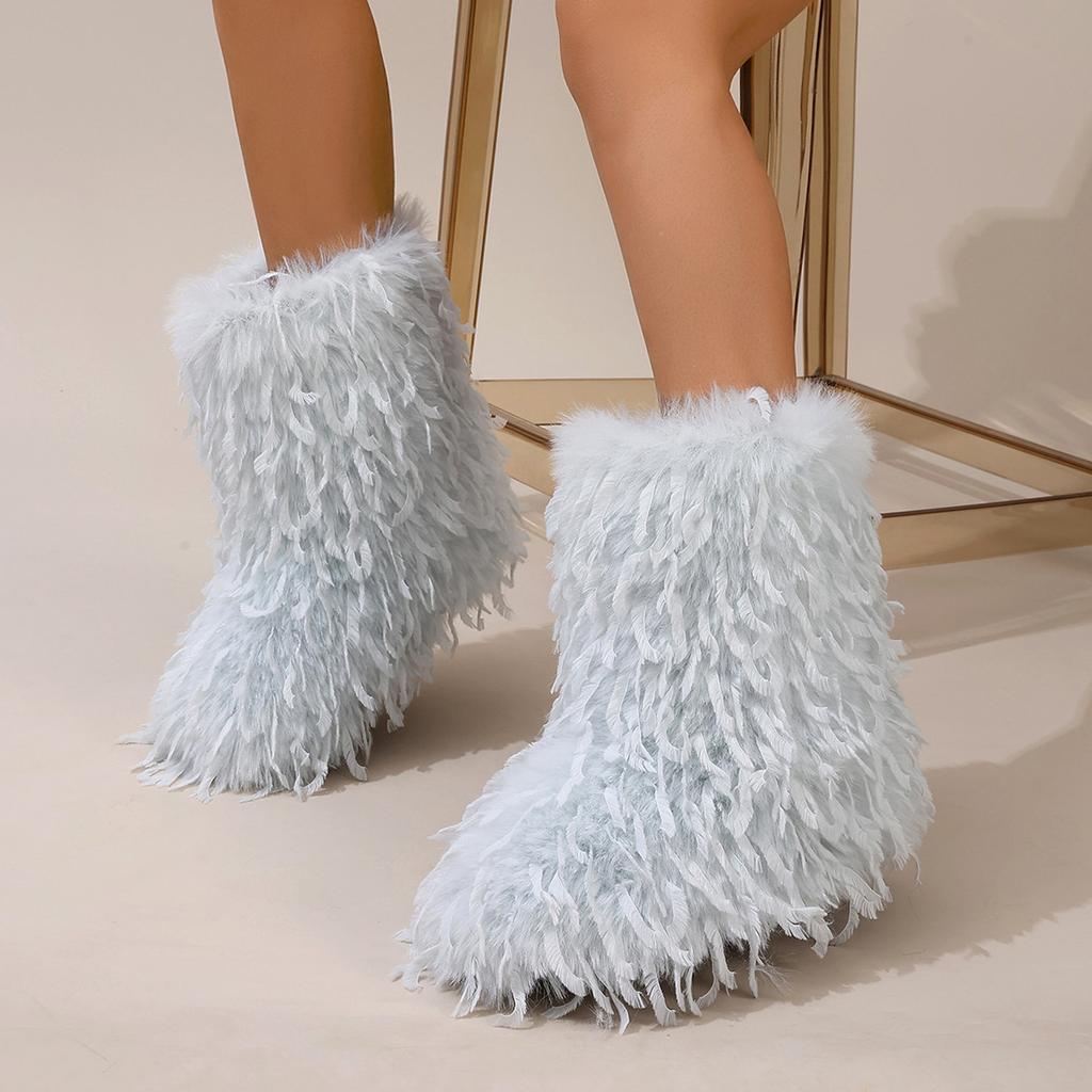 Furry Faux Fur Boots for Women Fuzzy Fluffy Mid Calf Snow Boots Winter Suede Warm Fur Lined Booties Flat Boots Women's Casual Ankle Booties Shoes