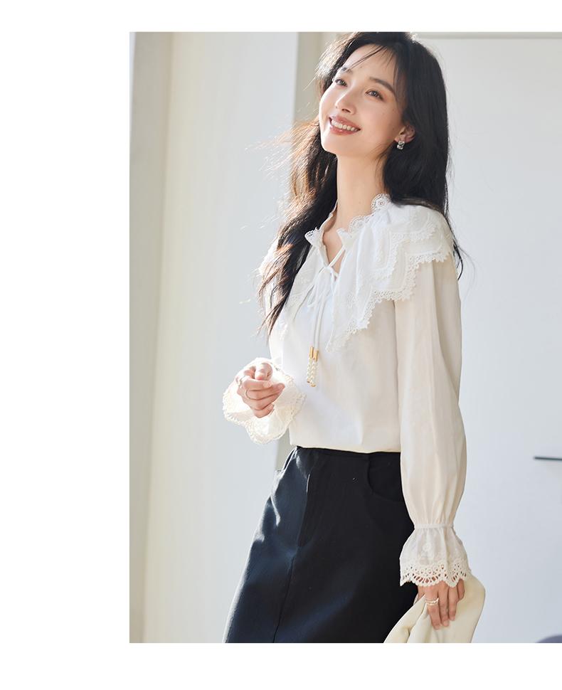 Spring "Bohemian" series gentle fairy style top sweet lace doll collar tied shirt