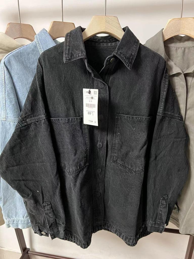 Women's Washed Blue Denim Shirt Jacket with Pocket Embellishments - European & American Style, Autumn Collection