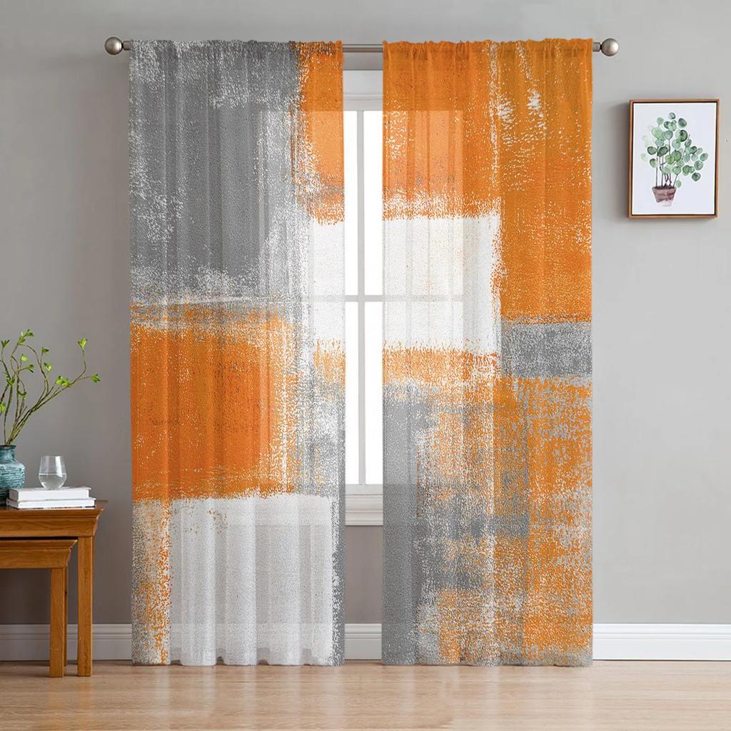 Oil Painting Abstract Geometric Yellow Gray Sheer Curtains for Living Room Decoration Window Curtain Kitchen Tulle Voile Drapes