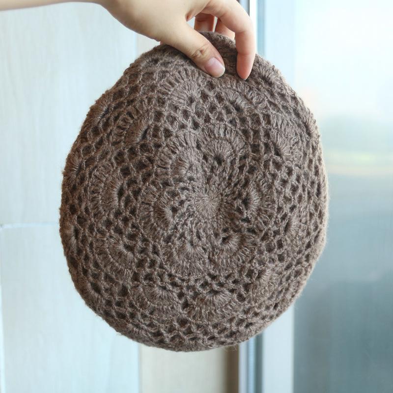 Double Layered Mohair Hollow Hook Flower Beret With Elegant Temperament For Ladies, Warm Autumn And Winter Hand Hook Artist Hat