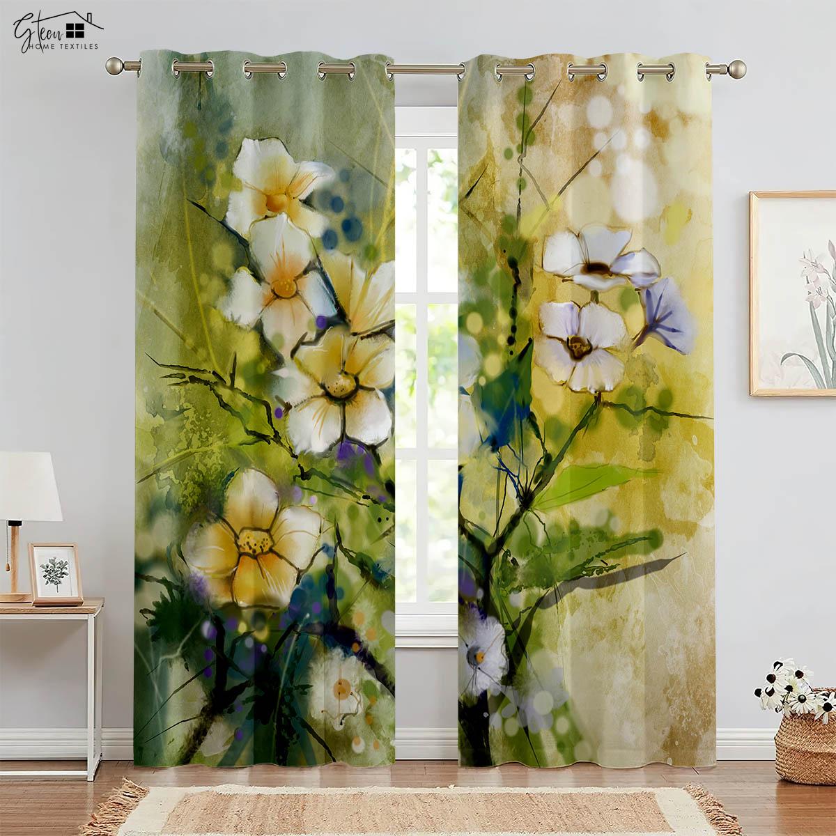 

Цветочные 3D-печатные шторы пасторальные свежие натуральные желтые зеленые красочные спальни гостиной кармашки декоративные шторы 2 шт. W50xH130(CM)x2PCS&Rod pocket