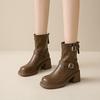 Fashion All Leather 7Cm Thick Heel Short Boots for Women's Shoes Autumn/winter New Double Buckle Decoration Breathable Slim Botas Mujer