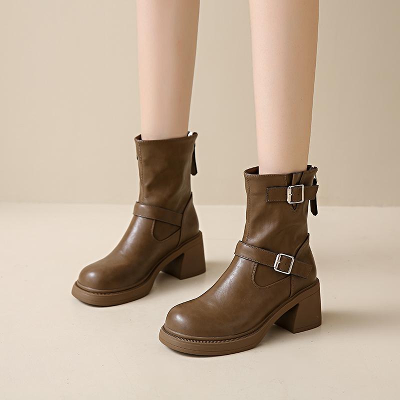 Fashion All Leather 7Cm Thick Heel Short Boots for Women's Shoes Autumn/winter New Double Buckle Decoration Breathable Slim Botas Mujer