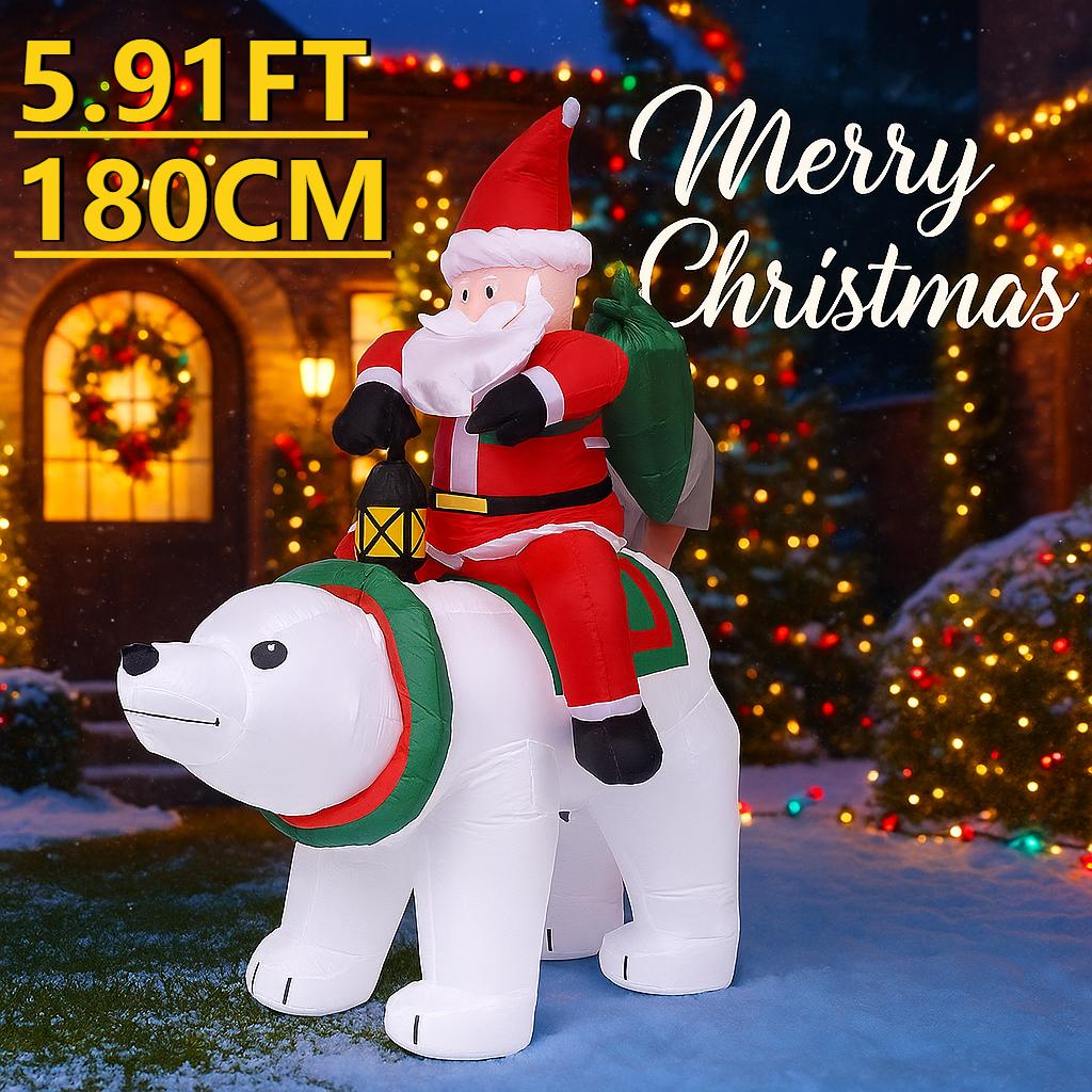 5.9FT LED Light Inflatable Santa Claus Ride Polar Bear Toy Xmas Yard Decor Home Outdoor Party Supplies Ornaments Gift Holiday
